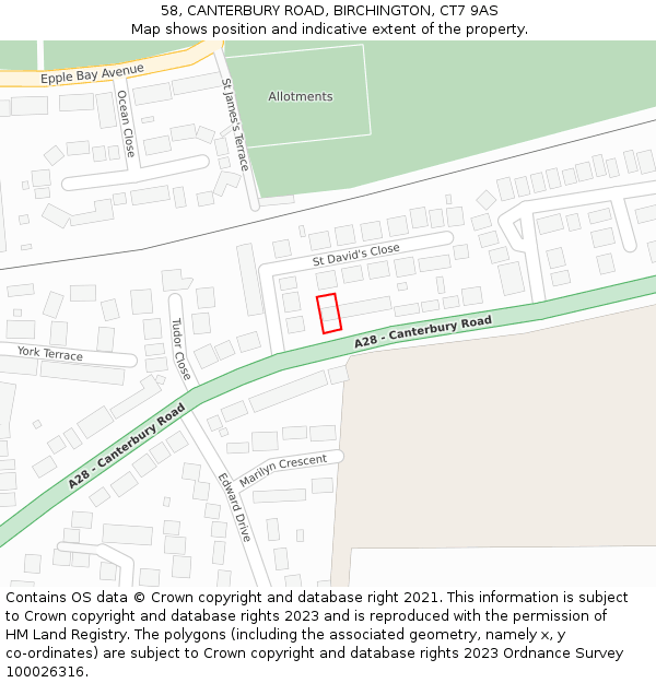 58, CANTERBURY ROAD, BIRCHINGTON, CT7 9AS: Location map and indicative extent of plot