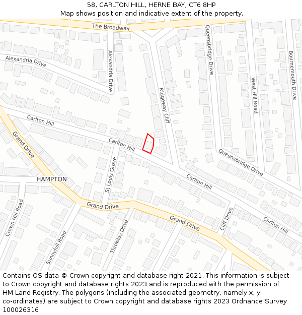 58, CARLTON HILL, HERNE BAY, CT6 8HP: Location map and indicative extent of plot