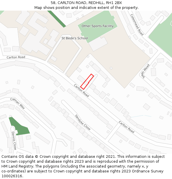 58, CARLTON ROAD, REDHILL, RH1 2BX: Location map and indicative extent of plot