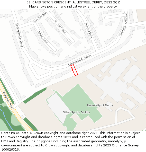 58, CARSINGTON CRESCENT, ALLESTREE, DERBY, DE22 2QZ: Location map and indicative extent of plot