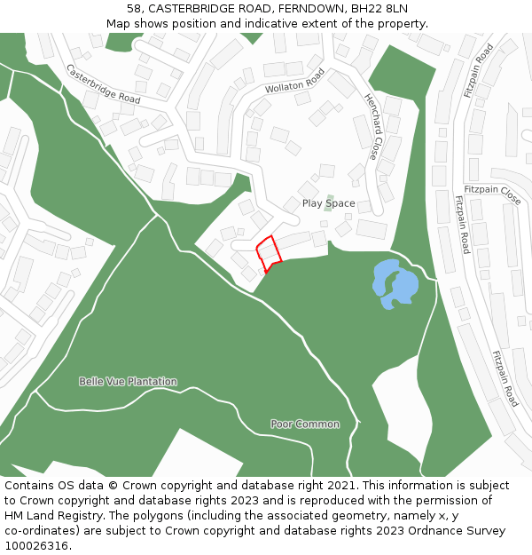 58, CASTERBRIDGE ROAD, FERNDOWN, BH22 8LN: Location map and indicative extent of plot