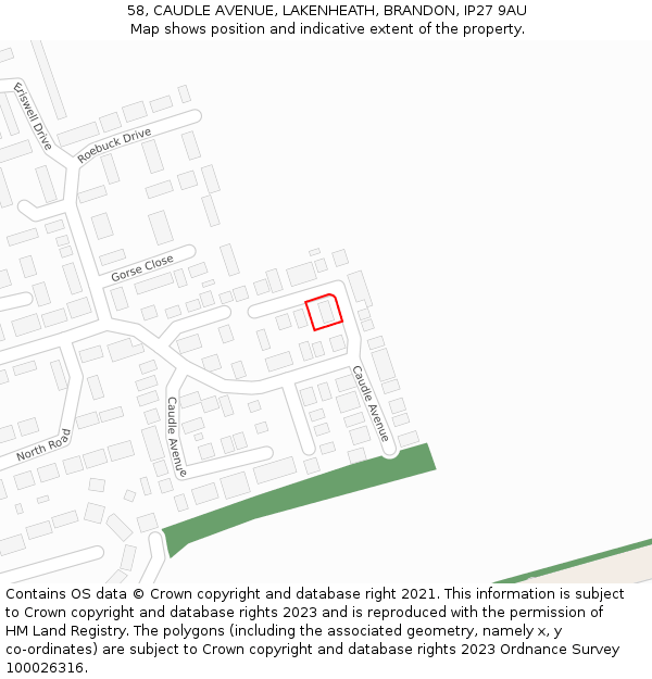 58, CAUDLE AVENUE, LAKENHEATH, BRANDON, IP27 9AU: Location map and indicative extent of plot