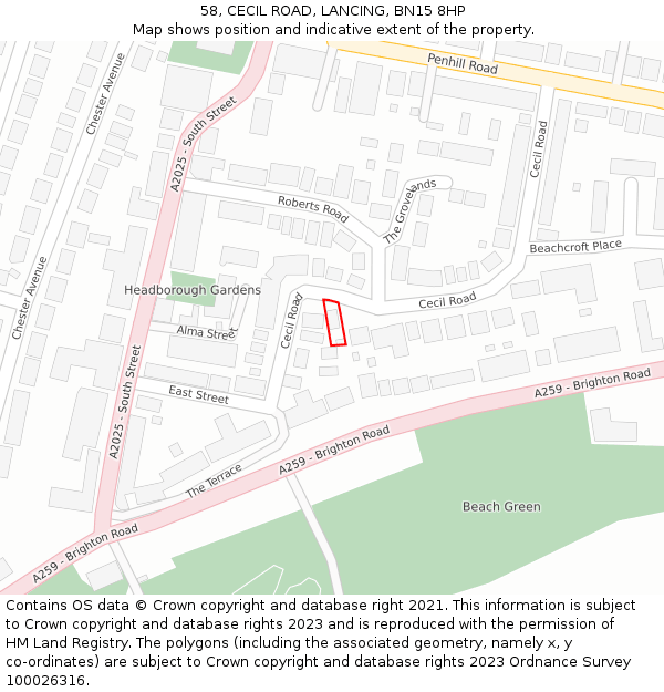 58, CECIL ROAD, LANCING, BN15 8HP: Location map and indicative extent of plot