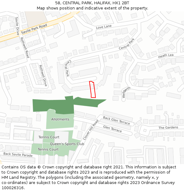 58, CENTRAL PARK, HALIFAX, HX1 2BT: Location map and indicative extent of plot