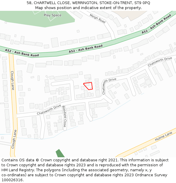 58, CHARTWELL CLOSE, WERRINGTON, STOKE-ON-TRENT, ST9 0PQ: Location map and indicative extent of plot