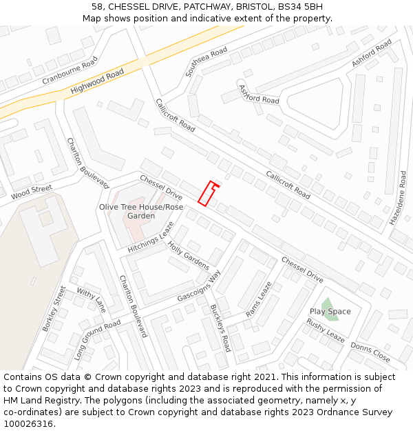 58, CHESSEL DRIVE, PATCHWAY, BRISTOL, BS34 5BH: Location map and indicative extent of plot