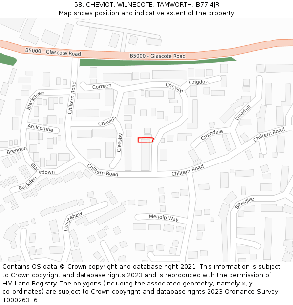 58, CHEVIOT, WILNECOTE, TAMWORTH, B77 4JR: Location map and indicative extent of plot