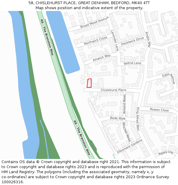 58, CHISLEHURST PLACE, GREAT DENHAM, BEDFORD, MK40 4TT: Location map and indicative extent of plot