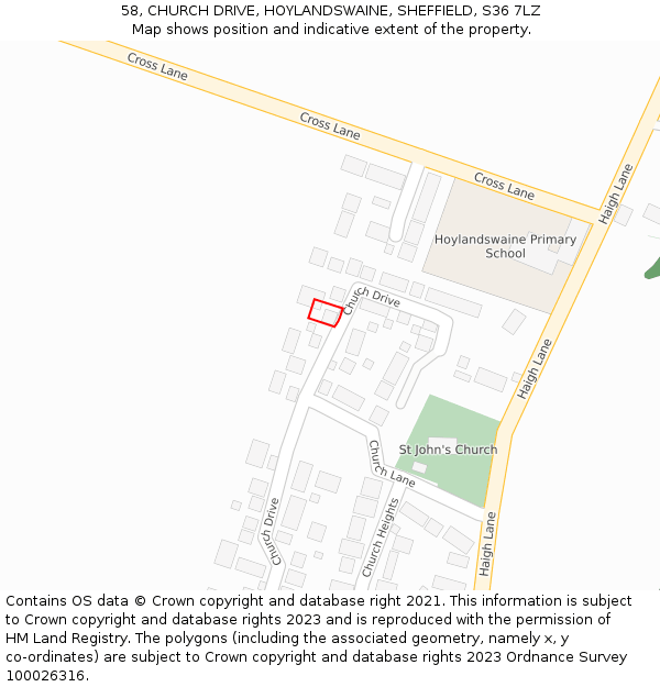 58, CHURCH DRIVE, HOYLANDSWAINE, SHEFFIELD, S36 7LZ: Location map and indicative extent of plot