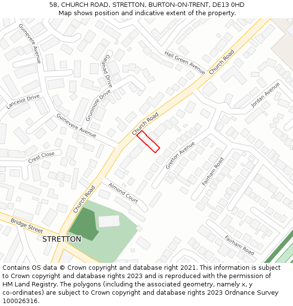 58, CHURCH ROAD, STRETTON, BURTON-ON-TRENT, DE13 0HD: Location map and indicative extent of plot