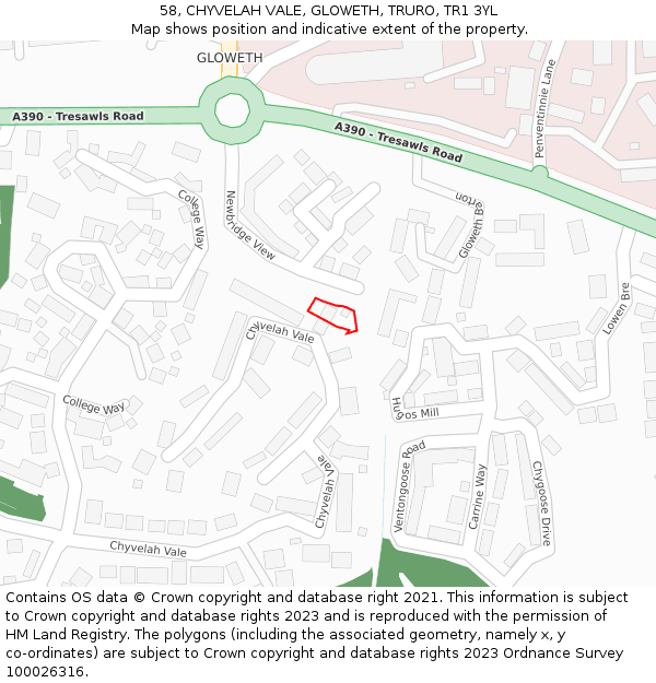 58, CHYVELAH VALE, GLOWETH, TRURO, TR1 3YL: Location map and indicative extent of plot