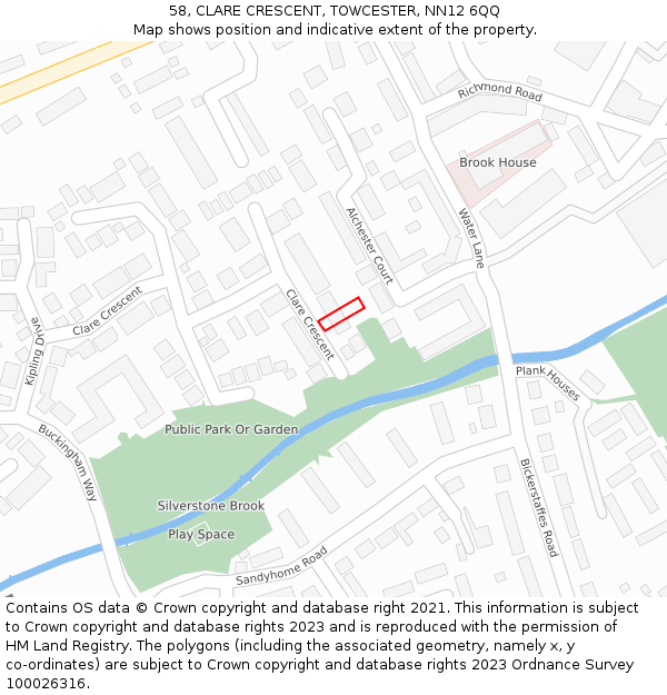 58, CLARE CRESCENT, TOWCESTER, NN12 6QQ: Location map and indicative extent of plot