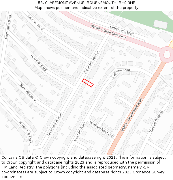 58, CLAREMONT AVENUE, BOURNEMOUTH, BH9 3HB: Location map and indicative extent of plot