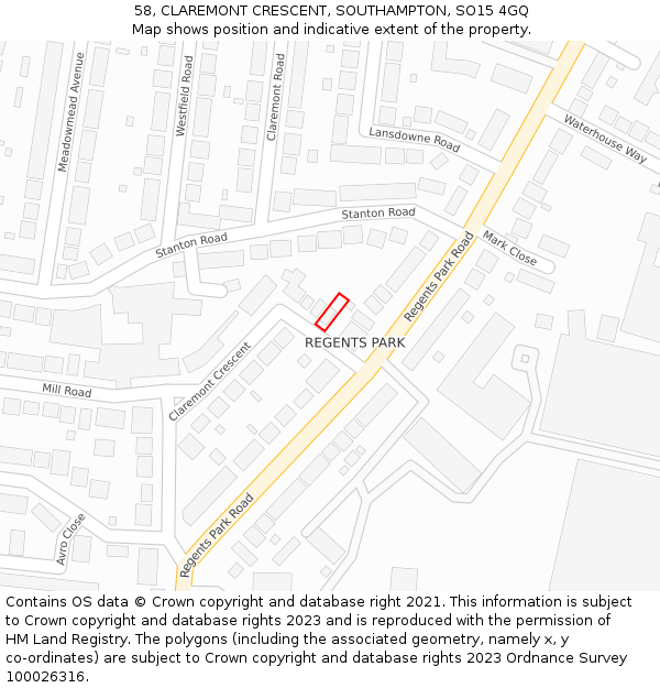 58, CLAREMONT CRESCENT, SOUTHAMPTON, SO15 4GQ: Location map and indicative extent of plot