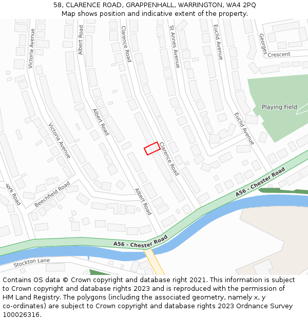 58, CLARENCE ROAD, GRAPPENHALL, WARRINGTON, WA4 2PQ: Location map and indicative extent of plot