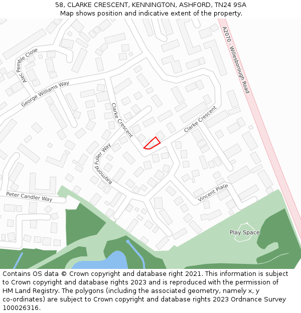 58, CLARKE CRESCENT, KENNINGTON, ASHFORD, TN24 9SA: Location map and indicative extent of plot