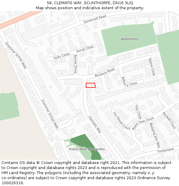58, CLEMATIS WAY, SCUNTHORPE, DN16 3UQ: Location map and indicative extent of plot