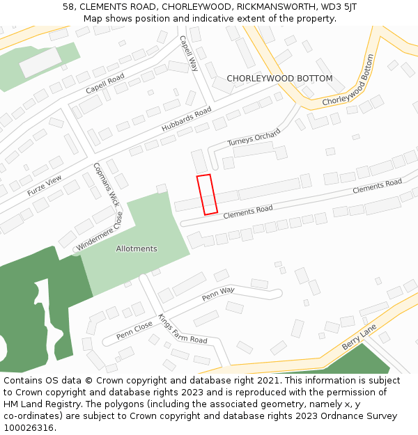 58, CLEMENTS ROAD, CHORLEYWOOD, RICKMANSWORTH, WD3 5JT: Location map and indicative extent of plot