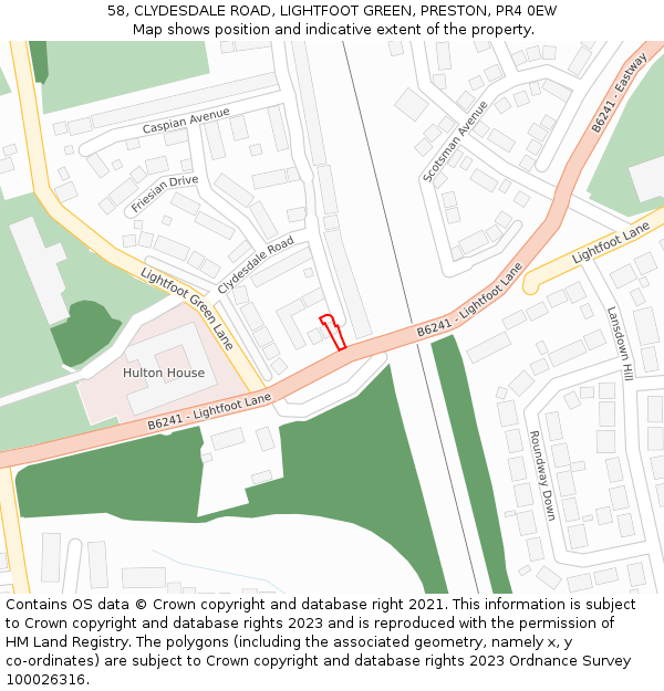 58, CLYDESDALE ROAD, LIGHTFOOT GREEN, PRESTON, PR4 0EW: Location map and indicative extent of plot