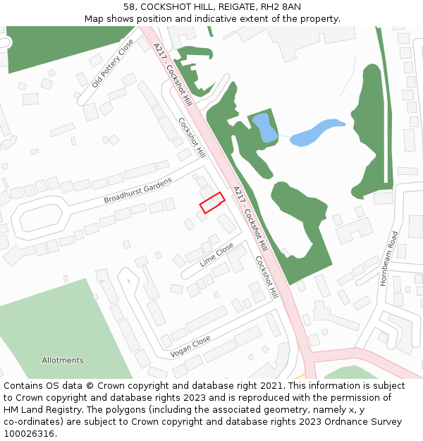 58, COCKSHOT HILL, REIGATE, RH2 8AN: Location map and indicative extent of plot