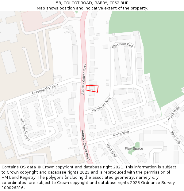 58, COLCOT ROAD, BARRY, CF62 8HP: Location map and indicative extent of plot