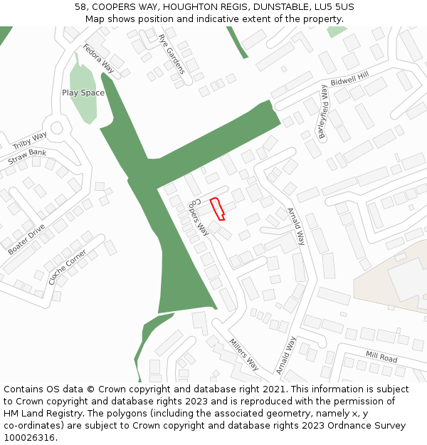 58, COOPERS WAY, HOUGHTON REGIS, DUNSTABLE, LU5 5US: Location map and indicative extent of plot