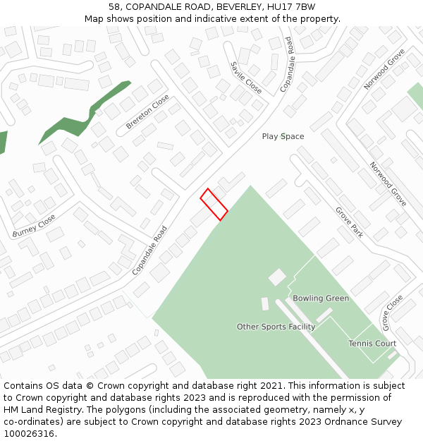 58, COPANDALE ROAD, BEVERLEY, HU17 7BW: Location map and indicative extent of plot