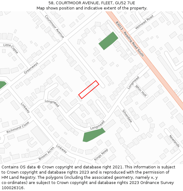 58, COURTMOOR AVENUE, FLEET, GU52 7UE: Location map and indicative extent of plot