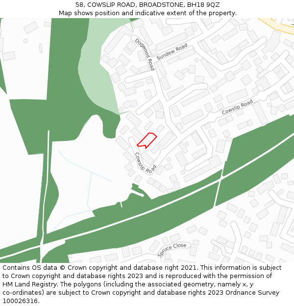 58, COWSLIP ROAD, BROADSTONE, BH18 9QZ: Location map and indicative extent of plot