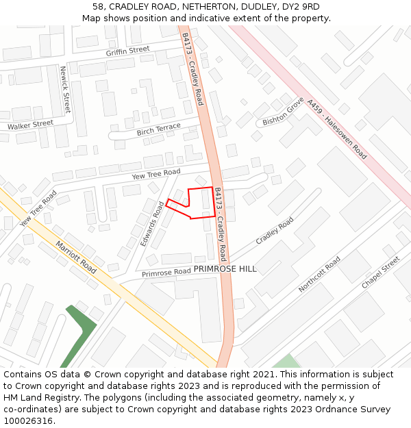 58, CRADLEY ROAD, NETHERTON, DUDLEY, DY2 9RD: Location map and indicative extent of plot