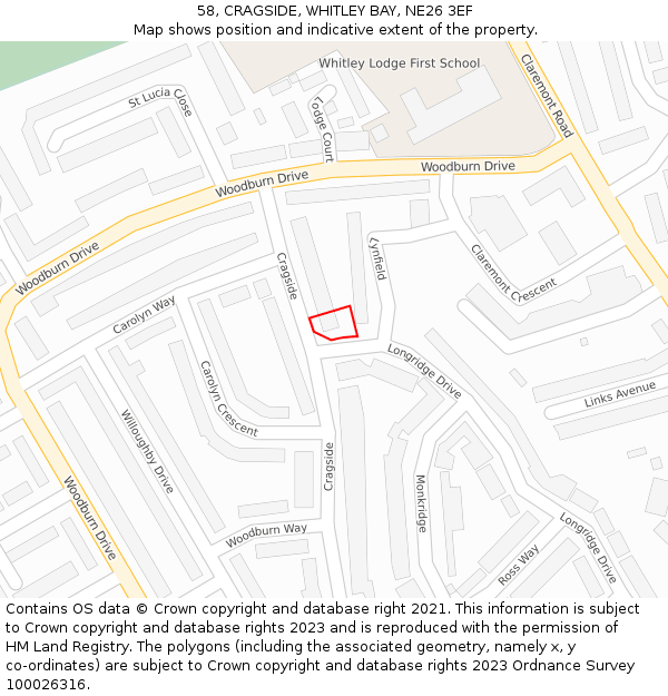 58, CRAGSIDE, WHITLEY BAY, NE26 3EF: Location map and indicative extent of plot