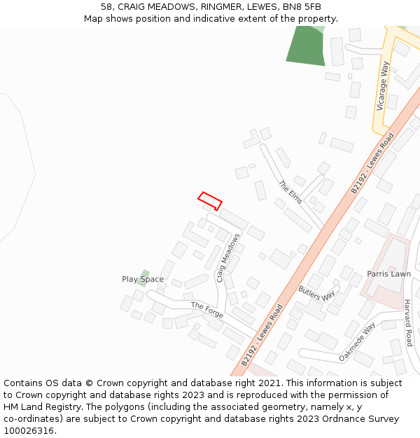 58, CRAIG MEADOWS, RINGMER, LEWES, BN8 5FB: Location map and indicative extent of plot