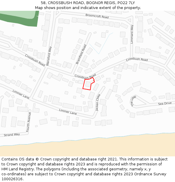 58, CROSSBUSH ROAD, BOGNOR REGIS, PO22 7LY: Location map and indicative extent of plot