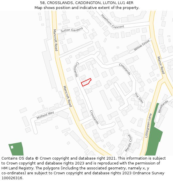 58, CROSSLANDS, CADDINGTON, LUTON, LU1 4ER: Location map and indicative extent of plot