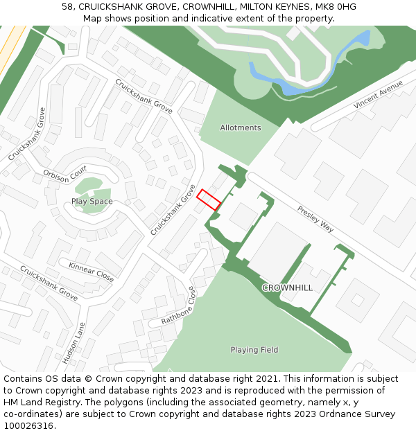 58, CRUICKSHANK GROVE, CROWNHILL, MILTON KEYNES, MK8 0HG: Location map and indicative extent of plot