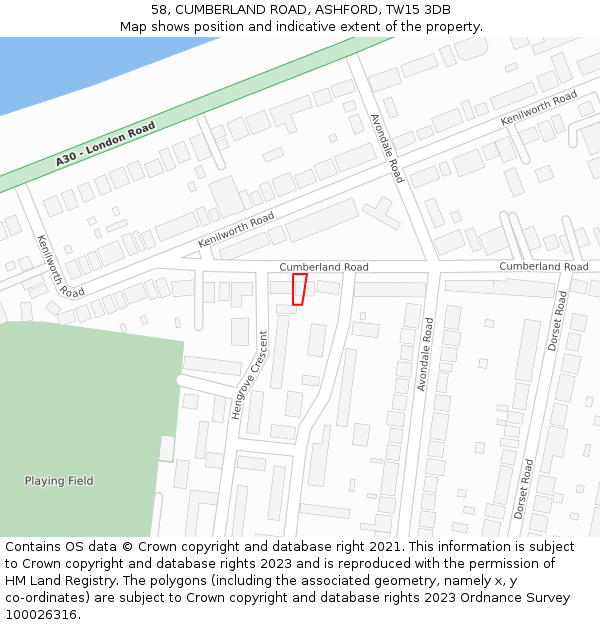58, CUMBERLAND ROAD, ASHFORD, TW15 3DB: Location map and indicative extent of plot