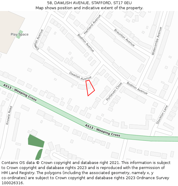 58, DAWLISH AVENUE, STAFFORD, ST17 0EU: Location map and indicative extent of plot