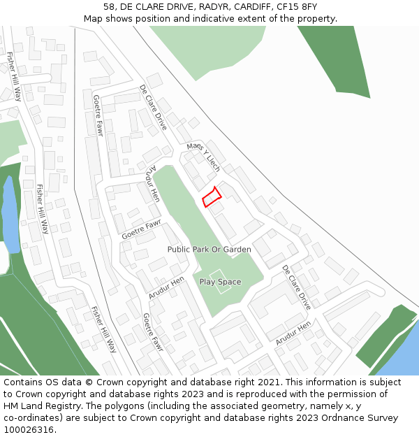 58, DE CLARE DRIVE, RADYR, CARDIFF, CF15 8FY: Location map and indicative extent of plot