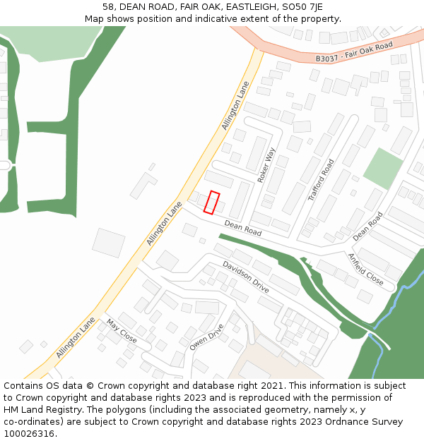 58, DEAN ROAD, FAIR OAK, EASTLEIGH, SO50 7JE: Location map and indicative extent of plot