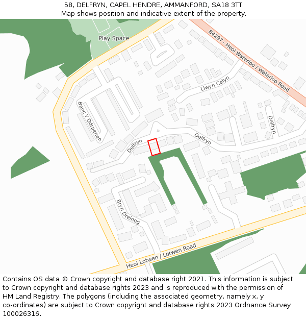 58, DELFRYN, CAPEL HENDRE, AMMANFORD, SA18 3TT: Location map and indicative extent of plot