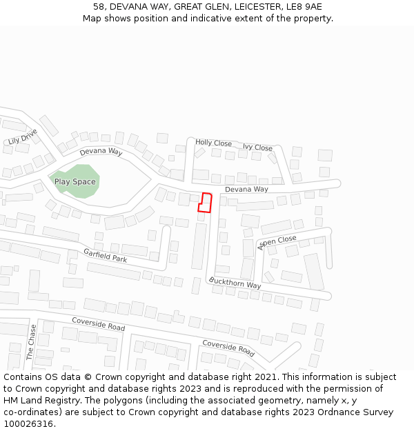 58, DEVANA WAY, GREAT GLEN, LEICESTER, LE8 9AE: Location map and indicative extent of plot