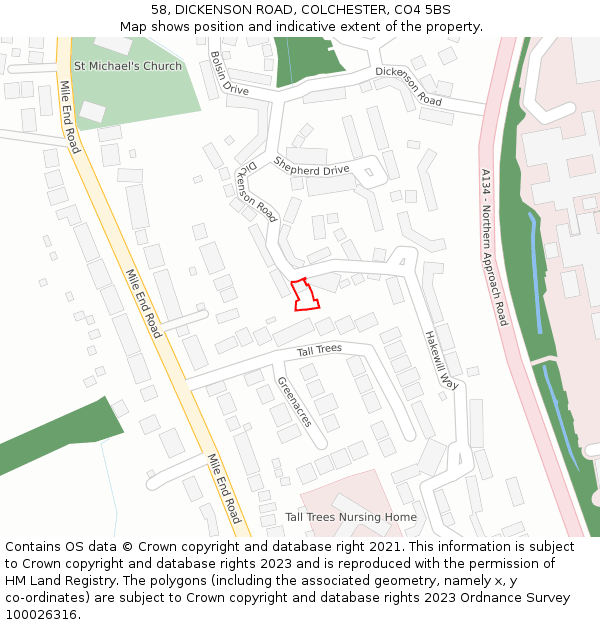 58, DICKENSON ROAD, COLCHESTER, CO4 5BS: Location map and indicative extent of plot