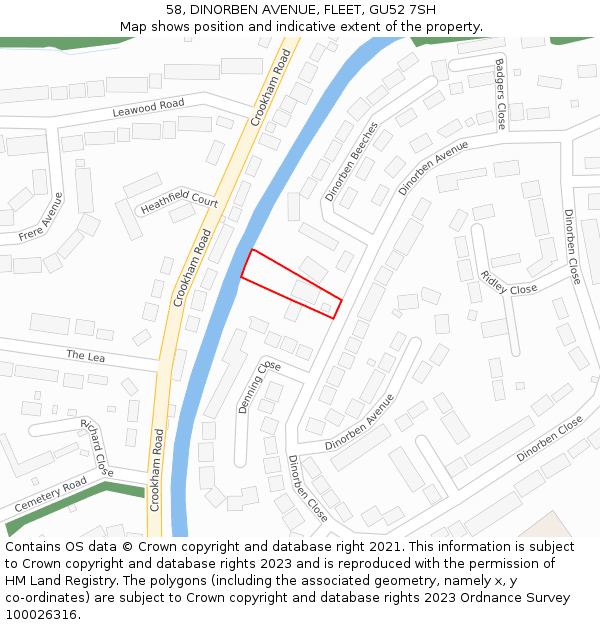 58, DINORBEN AVENUE, FLEET, GU52 7SH: Location map and indicative extent of plot