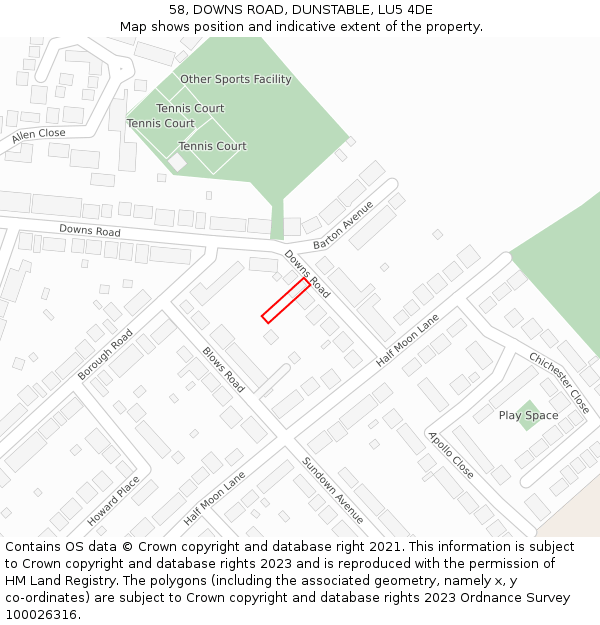 58, DOWNS ROAD, DUNSTABLE, LU5 4DE: Location map and indicative extent of plot