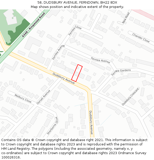 58, DUDSBURY AVENUE, FERNDOWN, BH22 8DX: Location map and indicative extent of plot