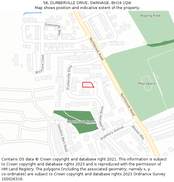 58, DURBERVILLE DRIVE, SWANAGE, BH19 1QW: Location map and indicative extent of plot