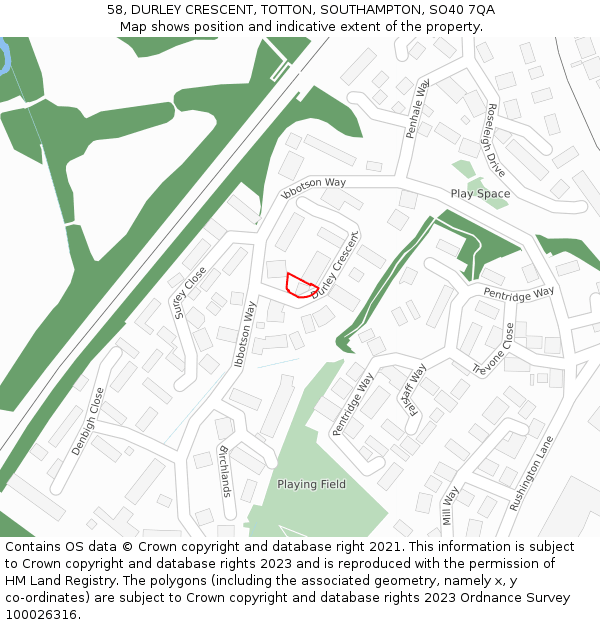 58, DURLEY CRESCENT, TOTTON, SOUTHAMPTON, SO40 7QA: Location map and indicative extent of plot