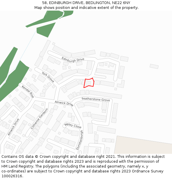 58, EDINBURGH DRIVE, BEDLINGTON, NE22 6NY: Location map and indicative extent of plot