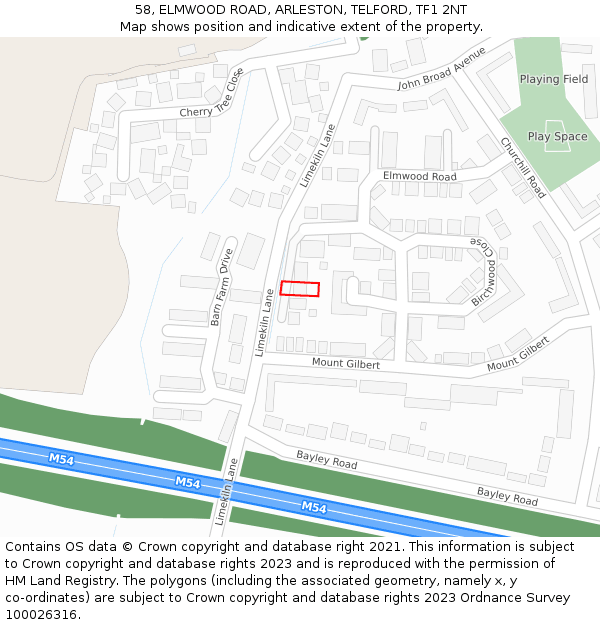 58, ELMWOOD ROAD, ARLESTON, TELFORD, TF1 2NT: Location map and indicative extent of plot