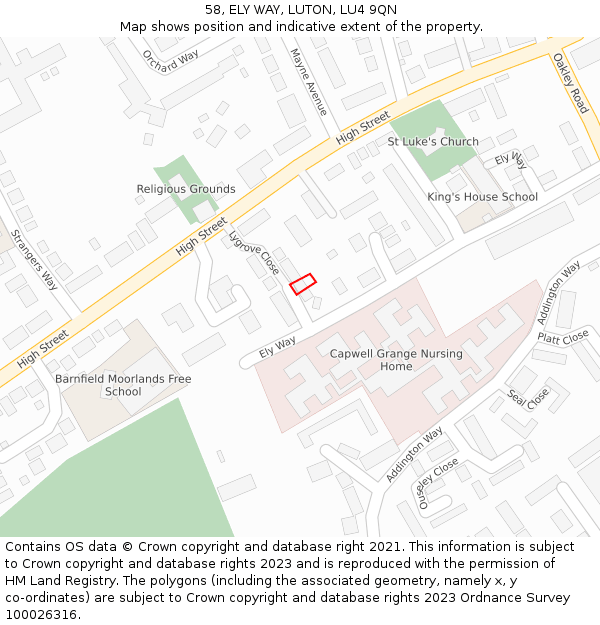 58, ELY WAY, LUTON, LU4 9QN: Location map and indicative extent of plot